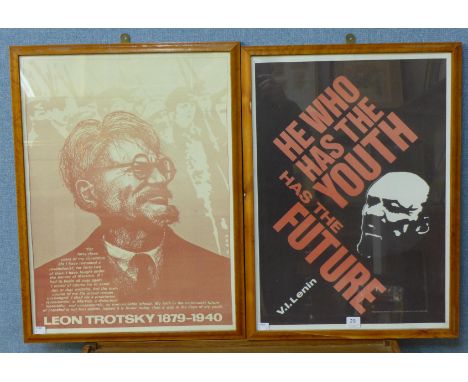 A V.I. Lenin print and a Leon Trotsky print, framed