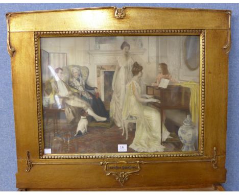 An early 20th Century interior scene print, Love's Old Sweet Song, framed