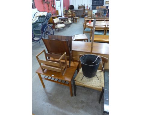 A Danish teak coffee table made by Mobelfabrikken, Toften, teak standard lamp, two magazine racks and metal waste paper bin