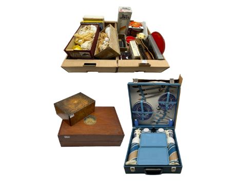 Vintage Brexton picnic set, collection of vintage Christmas tree decorations, vintage brush sets, Ellams Duplicator printer '