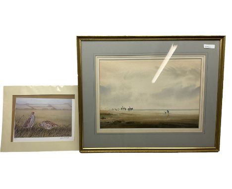 John Barrie Haste (British 1931-2011): Horse Riding on the Beach, watercolour signed; Robert E Fuller (British 1972-): Partri