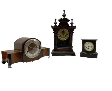 Three mantle clocks comprising an American shelf clock with a visible escapement, French slate clock and a 1930s Westminster 