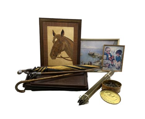 Vernon Ward print, brass stair rods with brackets (not checked for completeness), walking stick, wooden trays etc 