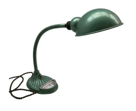 1920s/ 30s desk green finish adjustable desk lamp on shell form base, H58cm max
