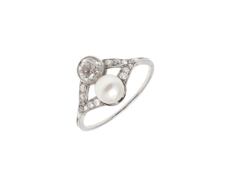 mounted with a button-shaped natural pearl measuring approximately 5.9-6.0 x 5.5mm and a collet set round old-cut diamond, wi