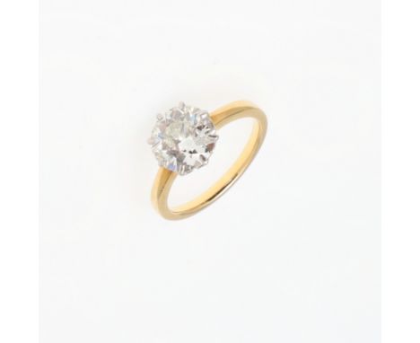 the round old-cut diamond weighs approximately 2.20 carats and is mounted in gold, 3.5 grams. Size K. *CR Some small chips to