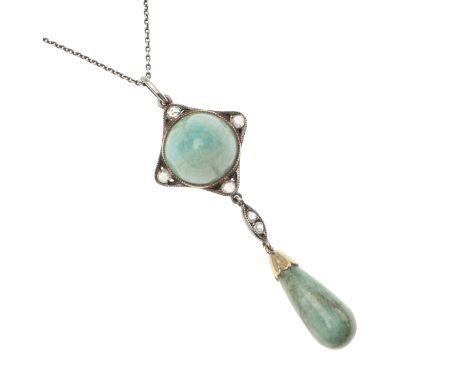 mounted with a circular jade cabochon within a surround of rose-cut diamonds, suspending a jade drop, the pendant 5cm long, o