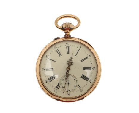 the white enamel dial with Roman numerals and subsidiary seconds dial, with ornate gold hands, numbered to the back case 2046