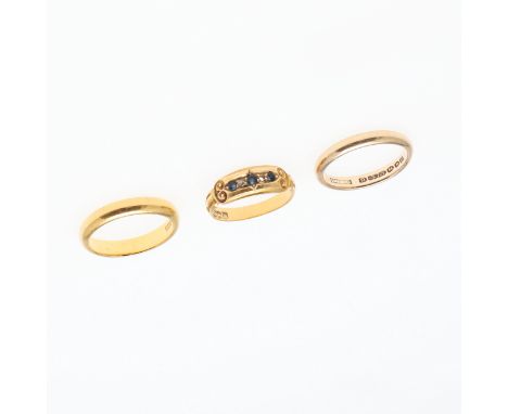 5.3 grams, size N, a 9ct gold wedding band, 2.6 grams, size N and a sapphire diamond five stone ring, one diamond missing, se