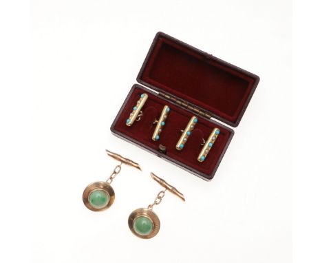 each 15ct gold baton is mounted with turquoise cabochons and half pearls, 7.7 grams, together with a pair of jade and gold cu
