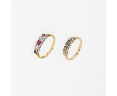 mounted with three oval-shaped rubies and two cushion-shaped diamonds, in 18ct gold and platinum, 3.0 grams, size P, together