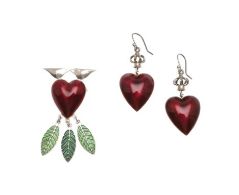 formed as red enamel heart with two silver love birds, suspending three green enamel leaves, signed to the reverse and stampe