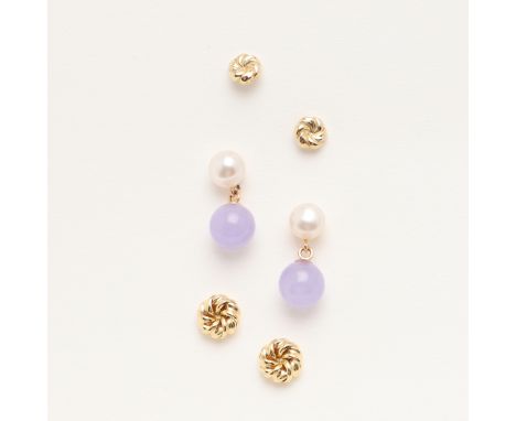 each earring formed with a cultured pearl suspending a lavender jade drop in yellow gold, 2cm long, 2.9 grams, together with 