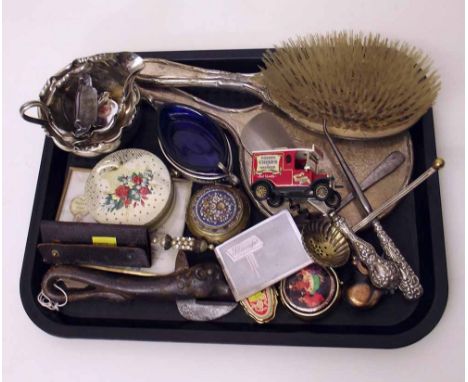 Four .375 gold collar studs, silver hair brush, mirror, button-hook, shoe horn, cast iron "Bully Beef" can opener, micro mosa