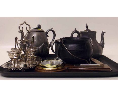 Small cast iron cauldron, two pewter tea pots, tankard, egg cup set and an aneroid barometer. Condition report: see terms and