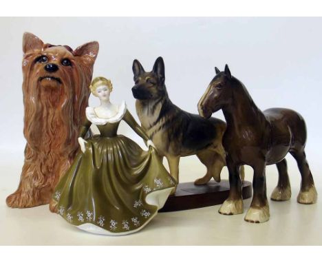 Beswick Alsatian, Beswick Yorkshire Terrier, Shire horse and Royal Doulton figure. Condition report: see terms and conditions