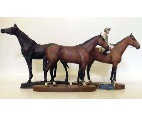 Beswick Nijinsky with Lester Piggott, also another Connoisseur range race horse and a Spanish resin sculpture of a horse. Con