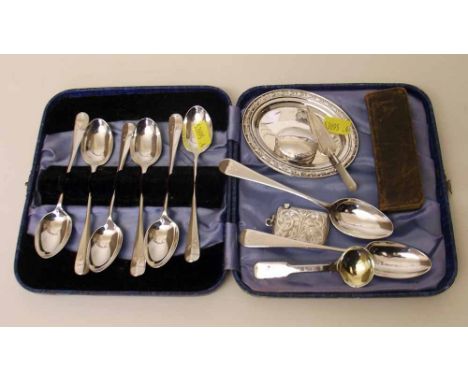 Eight silver teaspoons, mustard spoon, oval pill box, vesta case, small oval tray and a trowel book mark. Condition report: s