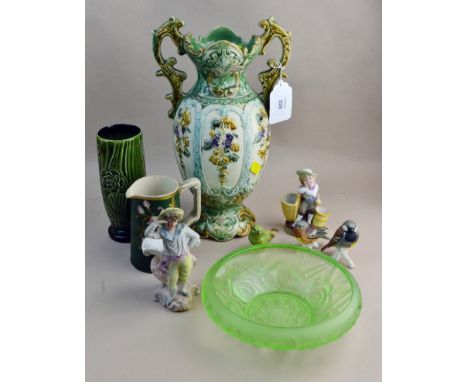 An Edwardian twin handled vase, three Goebel birds, a Sylvac vase and other items