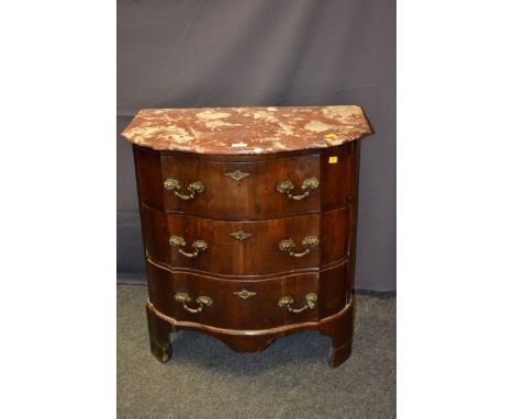 A French 19th century rosewood, petite commode of three shaped long drawers, fitted gilt brass swan neck handles and marble t