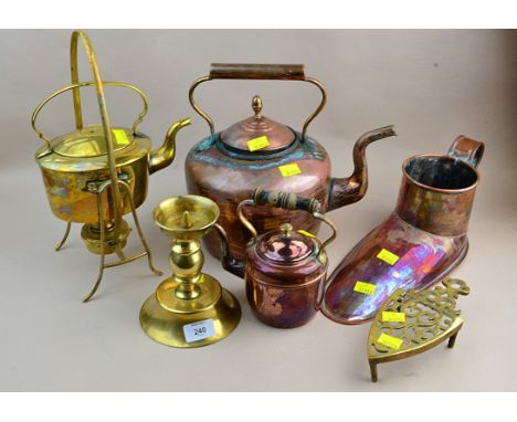 A mixed lot of EPNS and metalwares, including a Victorian copper boot warmer, pair of Rococo form candlesticks, twin handled 