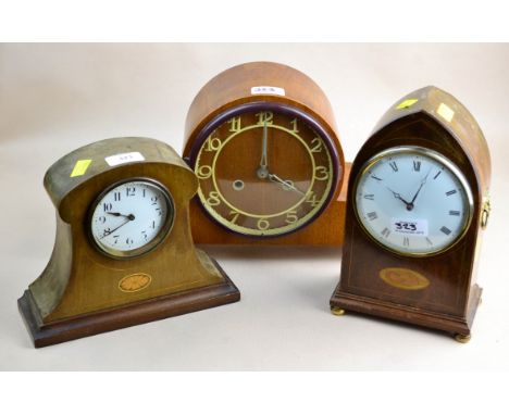 A Comitti of London inlaid mahogany lancet top mantel clock, and two other clocks