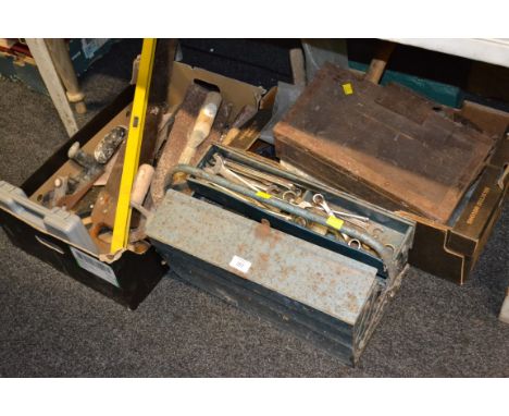 A cantilever metal tool box with contents, sockets, spanners and other related objects, another tool box and various garden t