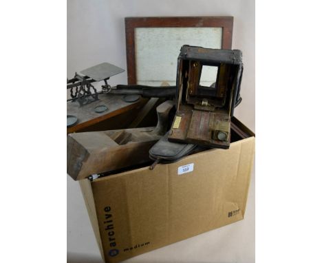 A collection of 1/4 plate camera equipment,together with an AF camera body and vintage woodworking tools, etc