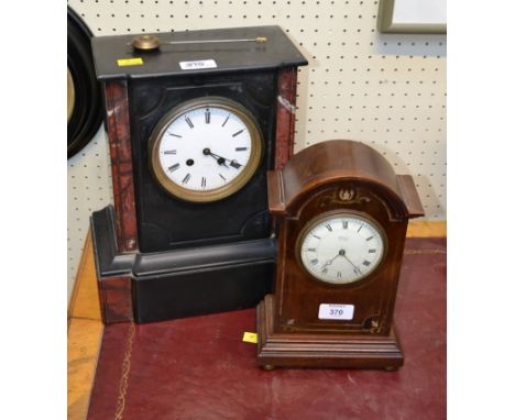 A late Victorian black Belgian marble and rouge variegated marble, eight-day mantel clock, together with an Edwardian inlaid 