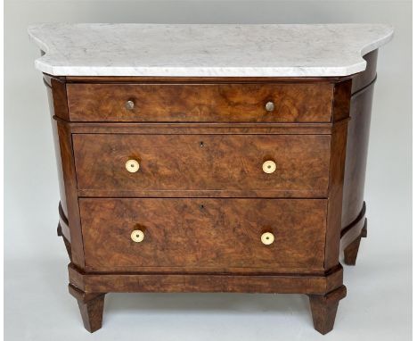 ART DECO COMMODE, early 20th century Art Deco burr walnut of serpentine outline with three drawers and carrara marble top, 10