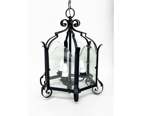 HALL LANTERN, Italian style hexagonal wrought iron and glazed with three branch fitting, 46cm W x 63cm H. 