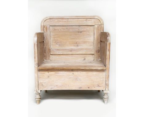 HALL SEAT, vintage continental style bleached pine with lift-off seat and tall back, 112cm high, 93cm wide, 49cm deep, 48cm s