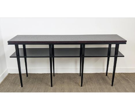 CONSOLE TABLE, faux crocodile finish top on ebonised tapered supports with under tier shelf, 88cm H x 190cm W x 45cm D. 