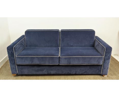SOFA BED, blue velvet with piping, 193cm W x 91cm D. 