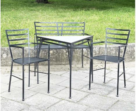 ARMCHAIRS, SOFA AND TABLE, 20th century Anna Anselmi for Bieffeplast steel framed including a pair of armchairs, sofa and tri