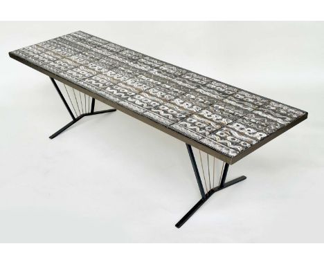 TILE LOW TABLE, vintage, rectangular gilded Neoclassical influenced top with black metal and brass base, 153cm x 46cm x 45cm 