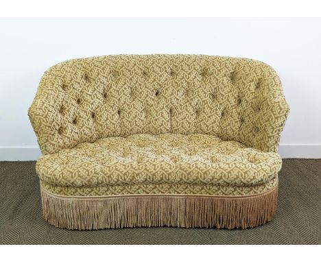 SOFA, gold patterned chenille on castors, 85cm H x 154cm W. 