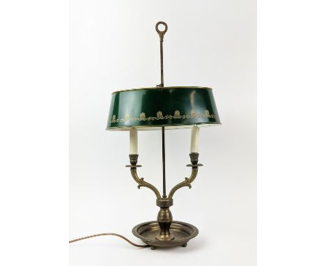 BESSELINK AND JONES STYLE BOUILLOTTE LAMP, with green toleware shade, 73cm H. 