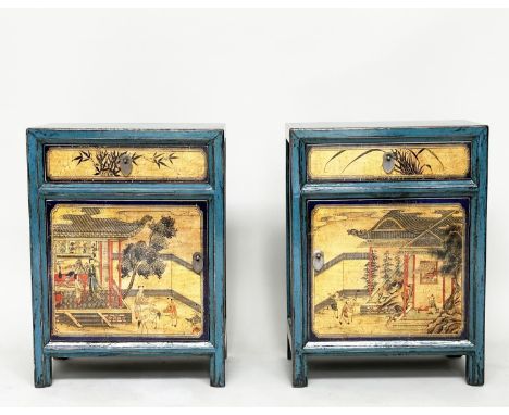 BEDSIDE CABINETS, a pair, Chinese vintage style blue lacquered with vellum style chinoiserie painted paneled doors and drawer