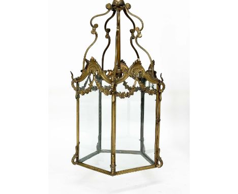 HALL LANTERN, Georgian style gilt metal with glass panels and hinged door, 36cm W x 67cm H. 