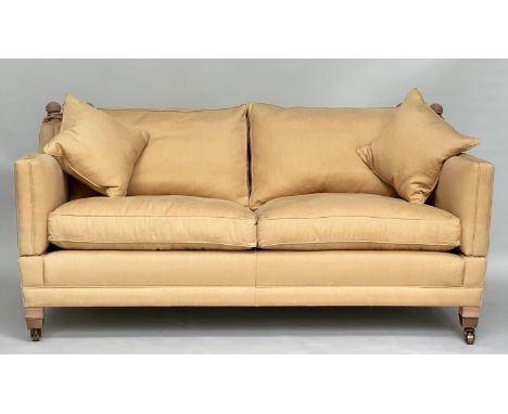 SOFA BY DURESTA, Knole style yellow linen upholstered with drop ends, square tapering supports and cushions, 180 W. 