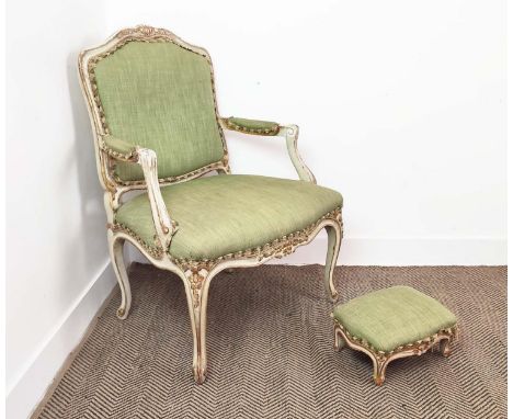 FAUTEUIL, 19th century French cream painted and giltwood with green upholstery, 71cm W x 100cm H, and a similar footstool 35c