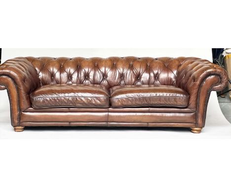 CHESTERFIELD SOFA, Victorian style natural soft antique hand finished tan brown leather with deep buttoned arched back and ar