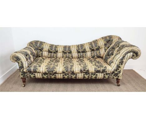 HAMPTON AND SONS SOFA, Victorian beechwood in striped foliate patterned damask, castors stamped, 83cm H x 222cm W x 88cm D. 
