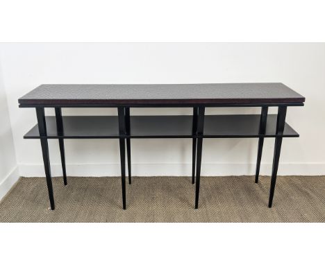 CONSOLE TABLE, faux crocodile finish top on ebonised tapered supports with under tier shelf, 88cm H x 190cm W x 45cm D. 