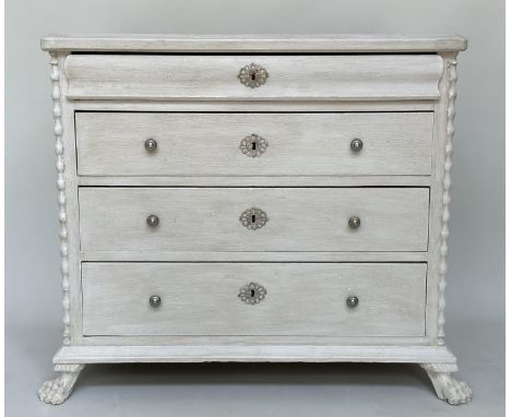 COMMODE, 19th century Scandinavian grey painted with shaped frieze drawer and three further long drawers, 100cm x 52cm x 89cm