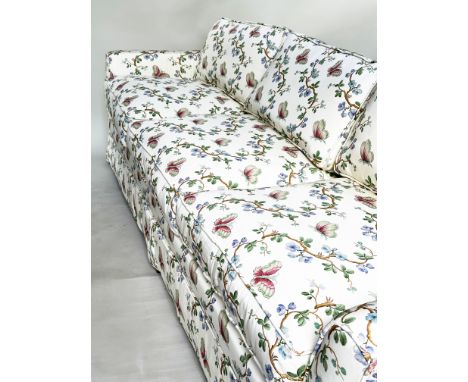 PIERRE FREY SOFA, very large three seater with feather pads and Pierre Frey Papillions Bleu Crem fabric upholstery, 270cm W. 