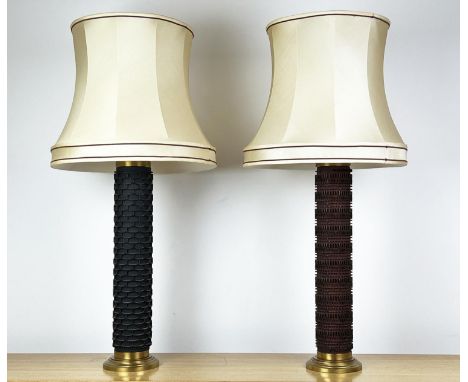 TABLE LAMPS, a pair, the columns converted from vintage Scandinavian printing/textile rolls, one stamped 'made in Denmark' wi