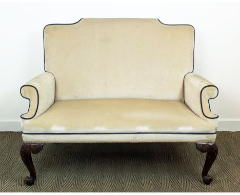 QUEEN ANNE STYLE SOFA, in champagne velvet with blue piping, on carved cabriole supports, 133cm x 111cm H x 71cm. 
