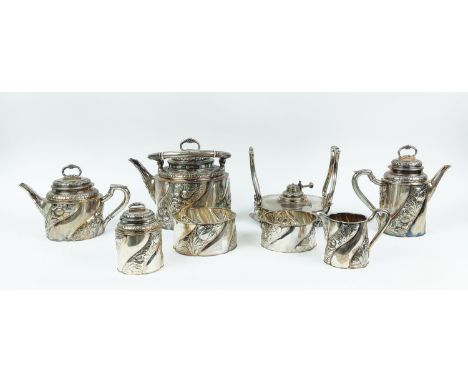 A DANISH MICHELSEN STERLING SILVER TEA AND COFFEE SERVICE, comprising, spirit kettle and stand, teapot, coffee pot, twin-hand
